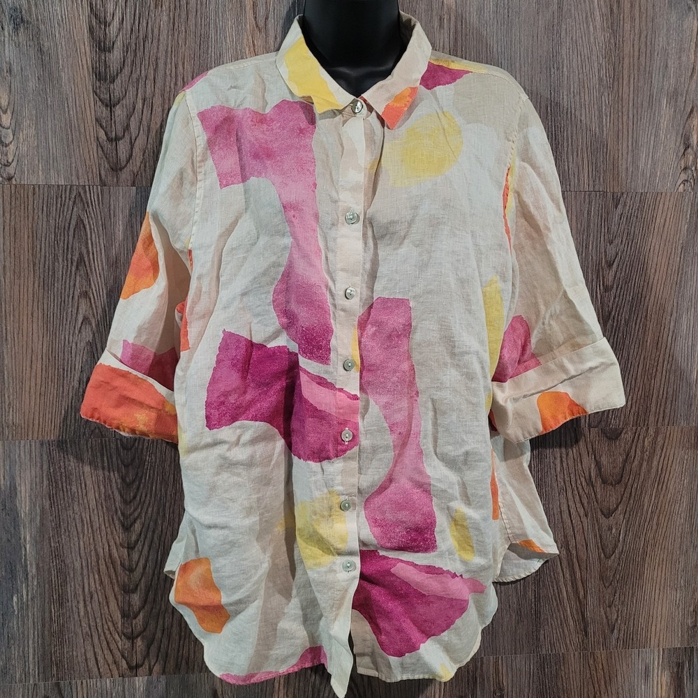 Chico's Non-Iron Linen Button Front Shirt Sz 16 Abstract Blotch Cuff Slv Beach